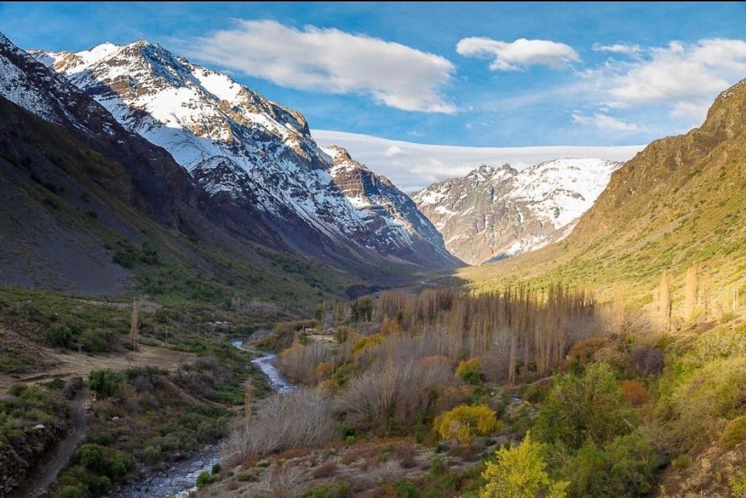 Vale do Cajón del Maipo com rio, álamos e picos nevados